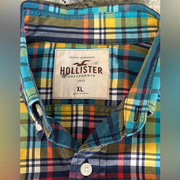 Hollister Long Sleeve Plaid Button Down Shirt Teal Seagull Logo Pocket Size XL - Picture 7 of 11
